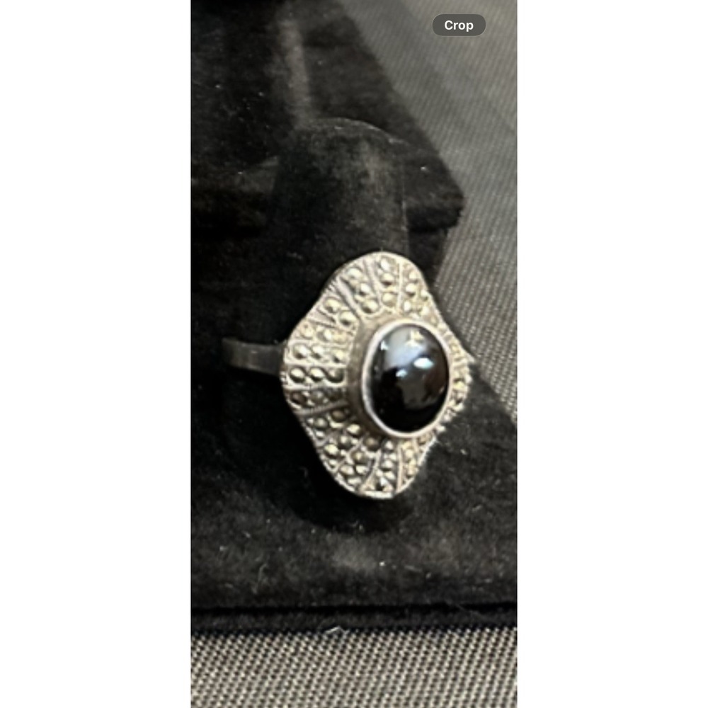 Vintage Onyx, Marcasite statement ring size 9 Stamped 925 Sterling Silver
